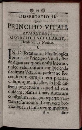 Dissertatio II. De Principio Vitali, Respondente Georgio Engelhardt, Henfenfelda- Norico.