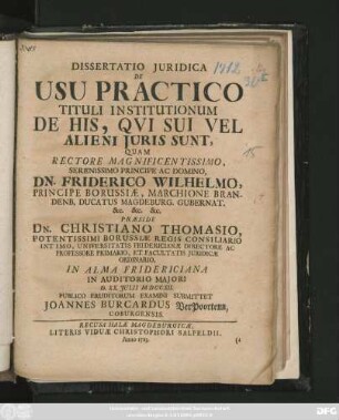 Dissertatio Juridica De Usu Practico Tituli Institutionum De His, Qui Sui Vel Alieni Juris Sunt