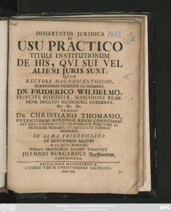 Dissertatio Juridica De Usu Practico Tituli Institutionum De His, Qui Sui Vel Alieni Juris Sunt