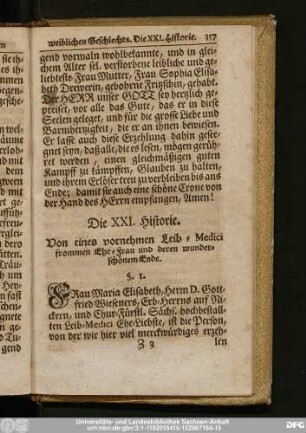 Die XXI. Historie. Von eines vornehmen Leib-Medici frommen Ehe-Frau und deren wunderschönem Ende.
