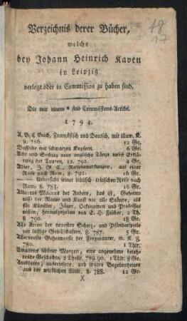 Verzeichnis derer Bücher, welche bey Johann Heinrich Kaven in Leipzig verlegt oder in Commission zu haben sind