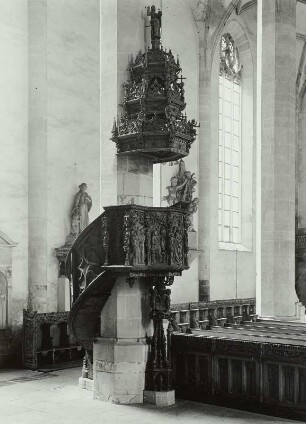 Kanzel : Kanzel. Holz, geschnitzt. Um 1520, Schalldeckel 1665. Merseburg, Dom Sankt Johannes des Täufers und Laurentius