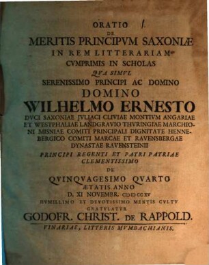 Oratio de meritis principum Saxoniae in rem litterariam, cumprimis in scholas