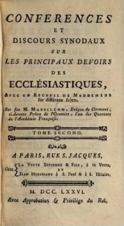 Conférences et discours synodaux sur les principaux devoirs des ecclésiastiques : avec un recueil de Mandemens sur différens sujets, 2