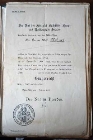Bürgerrechtsurkunde für Gustav Adolph Wehner