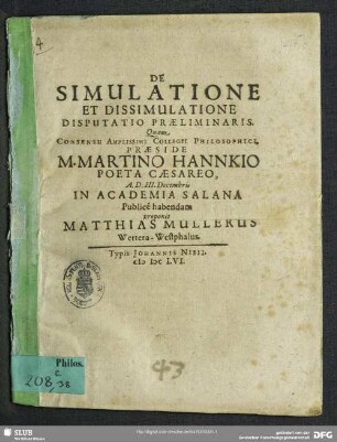 1: De Simulatione Et Dissimulatione Disputatio ...