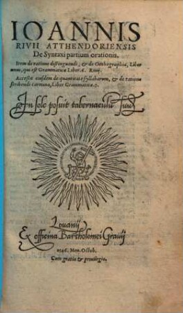 Ioannis Rivii Atthendoriensis De Syntaxi partium orationis. Item de ratione distinguendi, & de Orthographia : Liber unus, qui est Grammaticae Liber. 6. Riuij