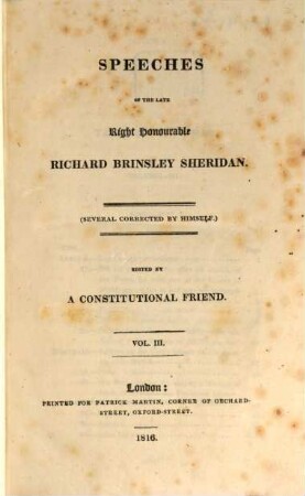 Speeches of the late Right Honourable Richard Brinsley Sheridan. 3