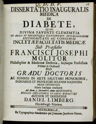 Dissertatio Inauguralis Medica De Diabete