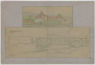 Fischer, Theodor; Stuttgart, Heusteigstr.; Sammelschulhaus - Perspektive, Grundriss EG