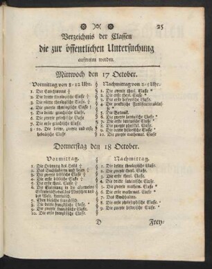 Verzeichnis der Classen die zur öffentlichen Untersuchung auftreten werden.