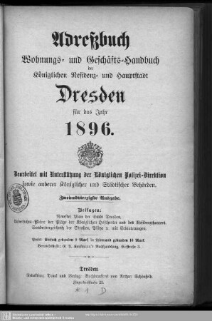 42.1896: Adreßbuch, Wohnungs- und Geschäfts-Handbuch der königlichen Residenz- und Hauptstadt Dresden