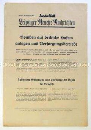 Sonderblatt der "Leipziger Neuesten Nachrichten" zum Kriegsverlauf an der Ostfront, in Nordafrika und an der nordamerikanischen Küste