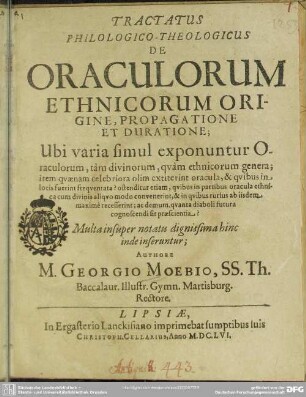 Tractatus de oraculorum ethnicorum, origine, propagatione et duratione