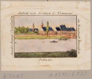 Schloss Pillnitz bei Dresden, Blick vom linken Elbufer, evtl. Sammelbild als Schokolade der Firma Jordan & Timaeus