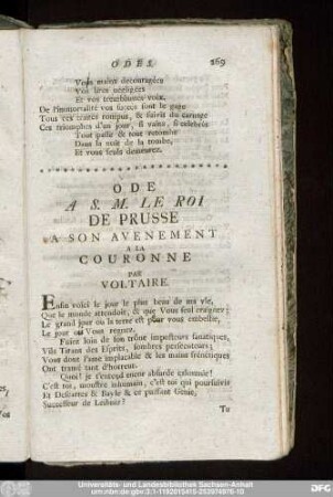 Ode A S. M. Le Roi De Prusse A Son Avenement A LA Couronne Par Voltaire.