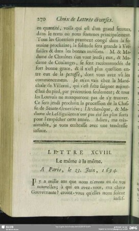 Lettre XCVIII. Le même à la même. A Paris, le 23. Juin, 1694