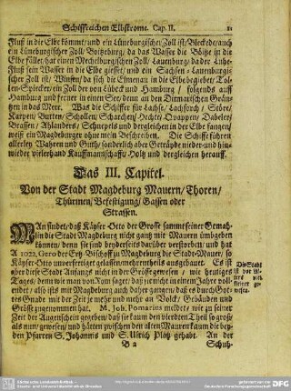 Das III. Capitel. Von der Stadt Magdeburg Mauern, Thoren, Thürmen, Befestigung, Gassen oder Strassen