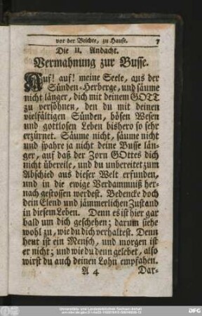 Die II. Andacht. Vermahnung zur Busse.