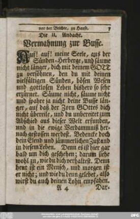 Die II. Andacht. Vermahnung zur Busse.