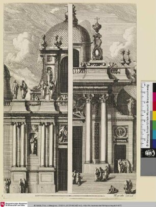 [Zwei Halbfassaden mit Kuppelaufbauten, rechts mit einem auf verzierten Kartuschen krönenden Kreuz; Deux demi-facades]