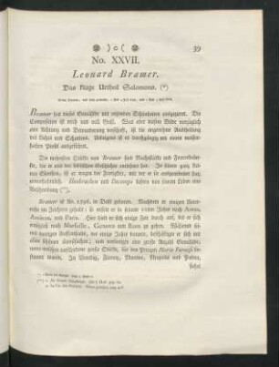 No. XXVII. Leonard Bramer. Das kluge Urtheil Salomons