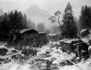 Verschneites Alpendorf