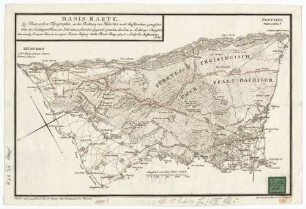 Basis Karte : zu Bairischen Topographie, in der Richtung von München nach Aufkirchen gemessen über das Erdinger Moos im Jahr 1801, nebst der Gegend zwischen der Isar u. Erdinger Chaussée, Von nördl. Frauen Thurm bis zum Basis Anfang 22082 Basis Länge 74175, v. Endpt. bis Aufkirchen 1354