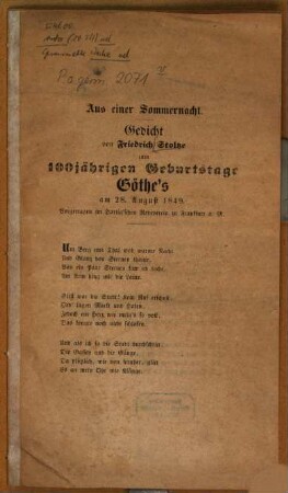 Aus einer Sommernacht : Gedicht zum 100jährigen Geburtstage Göthe's am 28. August 1849 ; vorgetragen im Hartig'schen Redeverein zu Frankfurt a.M.