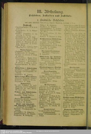 III. Abtheilung. Behördenverzeichnis : III. Abtheilung. Behörden, Anstalten und Institute