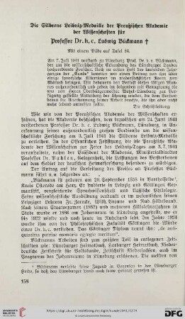 Die Silberne Leibniz-Medaille der Preußischen Akademie der Wissenschaften für Professor Dr. h. c. Ludwig Bückmann ✝