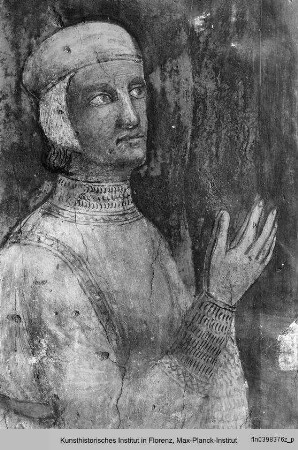 Biblische und hagiographische Szenen, Fabeln, Jagd-, Kampf- und Monatsdarstellungen (v. d. Rest. 1978/79) : Kniender Ritter vor einem Altar