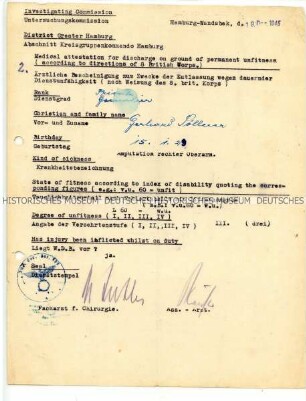 Attest des Kreisgruppenkommandos Hamburg zur Dienstunfähigkeit eines Kriegsversehrten (englisch, deutsch)