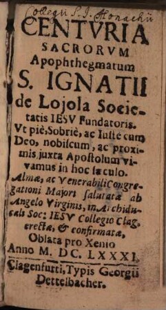 Centuria Sacrorum Apophtegmatum S. Ignatii de Lojola
