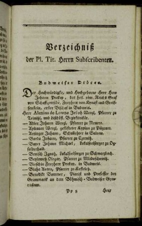 Verzeichniß der Pl. Tit. Herrn Subscribenten.