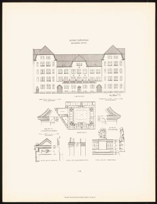 Gemeindedoppelschule an der Bromberger Straße, Berlin: Grundriss EG, Vorderansicht, Details (aus: Neubauten der Stadt Berlin, Bd. XI, 1912)