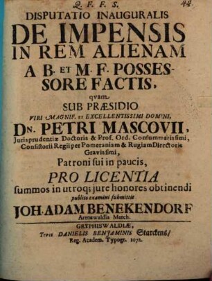 Disp. inaug. de impensis in rem alienam, a b. et m. f. possessore factis
