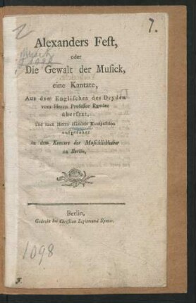 Alexanders Fest, oder Die Gewalt der Musick : eine Kantate