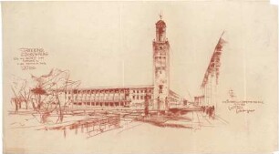 Gsaenger, Gustav; Eberswalde (Brandenburg); Projekt Gesamtentwicklungsplan, Stadtkrone, Vierjahresplan-Siedlung (Schule) - Brücke zum Rathaus u. Aufmarsch Platz (Perspektive)