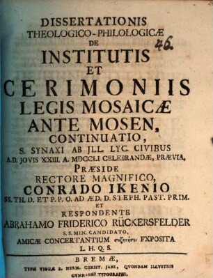 Dissertationis Theologico-Philologicæ De Institutis Cerimoniis Legis Mosaicæ Ante Mosen, 2. Continuatio
