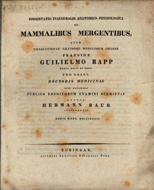 Dissertatio inauguralis anatomico-physiologica de mammalibus mergentibus