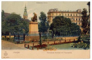 Leipzig. Hahnemann Denkmal mit Theaterplatz : Reformirte Kirche