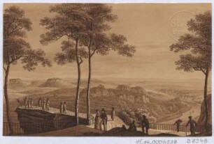 Aussicht von der Bastei, Radierung, um 1810 : Zingg, Adrian : [Ausicht von der Bastey] / [gefertigt von Adrian Zingg?]. - [S.l.] , [um 1810]. - 1 Kunstbl. : sepiagetönte Umrißradierung ; 14 x 9 cm