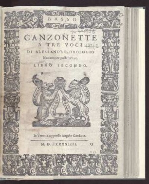 Alessandro Orologio: Canzonette a tre voci libro secondo. Basso