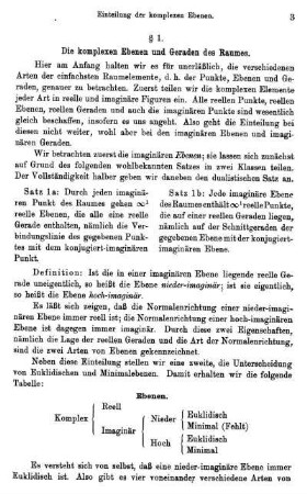 Einteilung der komplexen Ebenen. § 1. Die komplexen Ebenen und Geraden des Raumes.