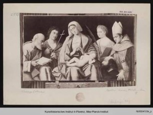 Maria mit Kind und den Heiligen Joseph, Johannes dem Täufer, Katharina von Alexandrien, Ludwig von Toulouse und dem Stifter Lodovico Ariosto