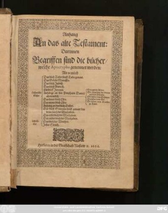 [1],Anh.: Darinnen Begriffen sind die bücher/ welche Apocrypha genennet werden ...