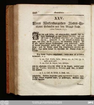 XXV. Eines Mecklenburgischen Rechts-Gelehrten Gedancken von dem Abzugs-Recht. circa Annum 1737.