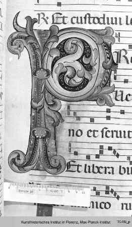 Buchseite mit Text, Neumen und Rankeninitiale P - Corale