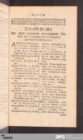 Das erste Register der oben mehrmals angezogenen Buecher und Autorum ...